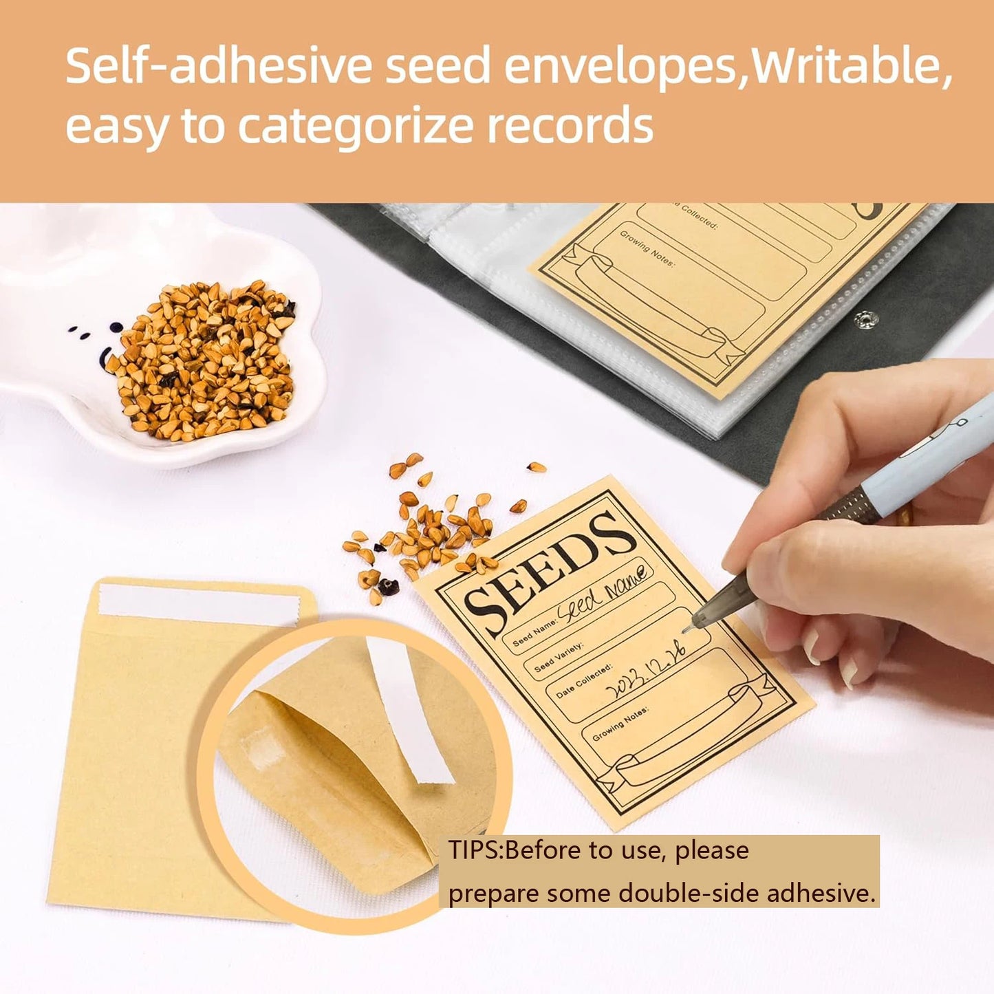 Garden Seeds Storage Organizers, Seed Organizer Binder with 50pcs Self-Sealing Seed Envelopes,Seed Packet Organizer, Seed
